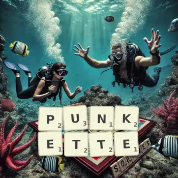 Illustration créative d'un jeu de lettres avec le mot PUNKETTE épelé sur le plateau.