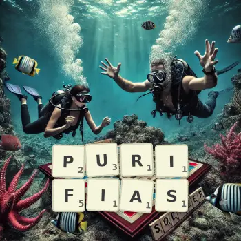 Illustration créative d'un jeu de lettres avec le mot PURIFIAS épelé sur le plateau.