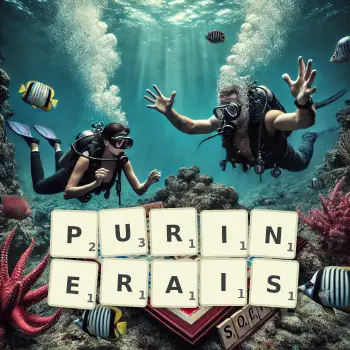 Illustration créative d'un jeu de lettres avec le mot PURINERAIS épelé sur le plateau.