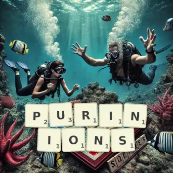 Illustration créative d'un jeu de lettres avec le mot PURINIONS épelé sur le plateau.