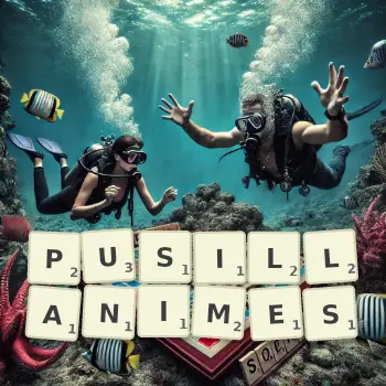 Illustration créative d'un jeu de lettres avec le mot PUSILLANIMES épelé sur le plateau.