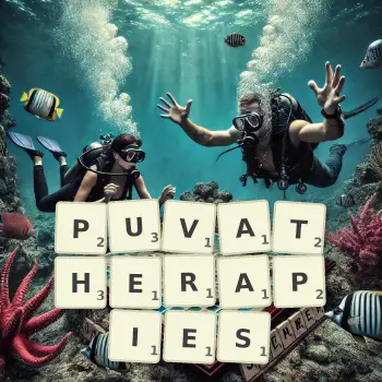 Illustration créative d'un jeu de lettres avec le mot PUVATHERAPIES épelé sur le plateau.