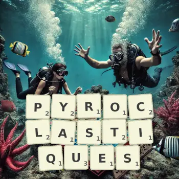Illustration créative d'un jeu de lettres avec le mot PYROCLASTIQUES épelé sur le plateau.