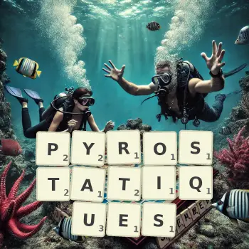 Illustration créative d'un jeu de lettres avec le mot PYROSTATIQUES épelé sur le plateau.
