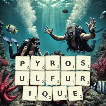 Illustration créative d'un jeu de lettres avec le mot PYROSULFURIQUE épelé sur le plateau.