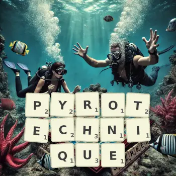 Illustration créative d'un jeu de lettres avec le mot PYROTECHNIQUE épelé sur le plateau.
