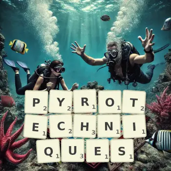 Illustration créative d'un jeu de lettres avec le mot PYROTECHNIQUES épelé sur le plateau.