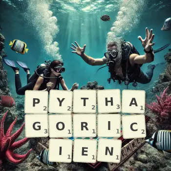 Illustration créative d'un jeu de lettres avec le mot PYTHAGORICIEN épelé sur le plateau.