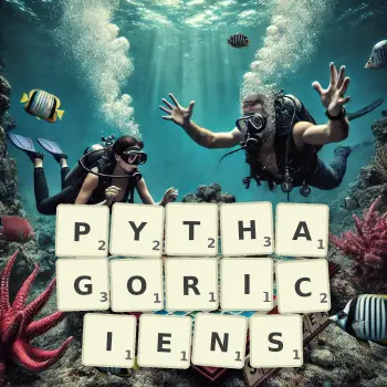 Illustration créative d'un jeu de lettres avec le mot PYTHAGORICIENS épelé sur le plateau.