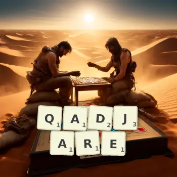 Illustration créative d'un jeu de lettres avec le mot QADJARE épelé sur le plateau.