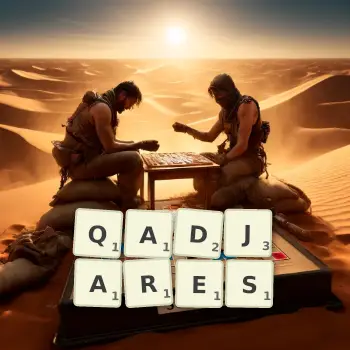 Illustration créative d'un jeu de lettres avec le mot QADJARES épelé sur le plateau.