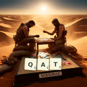 Illustration créative d'un jeu de lettres avec le mot QAT épelé sur le plateau.