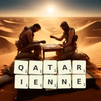 Illustration créative d'un jeu de lettres avec le mot QATARIENNE épelé sur le plateau.