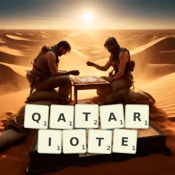 Illustration créative d'un jeu de lettres avec le mot QATARIOTE épelé sur le plateau.
