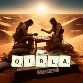 Illustration créative d'un jeu de lettres avec le mot QIBLA épelé sur le plateau.