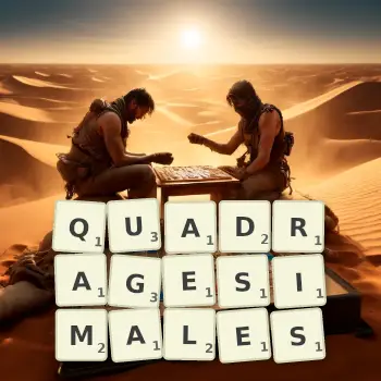 Illustration créative d'un jeu de lettres avec le mot QUADRAGESIMALES épelé sur le plateau.