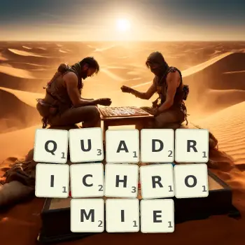 Illustration créative d'un jeu de lettres avec le mot QUADRICHROMIE épelé sur le plateau.