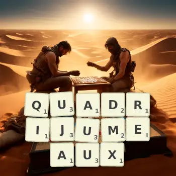 Illustration créative d'un jeu de lettres avec le mot QUADRIJUMEAUX épelé sur le plateau.