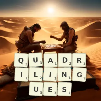 Illustration créative d'un jeu de lettres avec le mot QUADRILINGUES épelé sur le plateau.