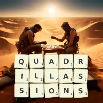 Illustration créative d'un jeu de lettres avec le mot QUADRILLASSIONS épelé sur le plateau.