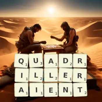 Illustration créative d'un jeu de lettres avec le mot QUADRILLERAIENT épelé sur le plateau.