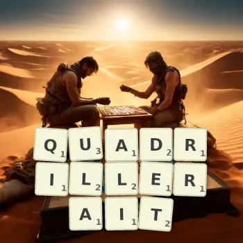 Illustration créative d'un jeu de lettres avec le mot QUADRILLERAIT épelé sur le plateau.