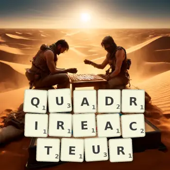 Illustration créative d'un jeu de lettres avec le mot QUADRIREACTEUR épelé sur le plateau.