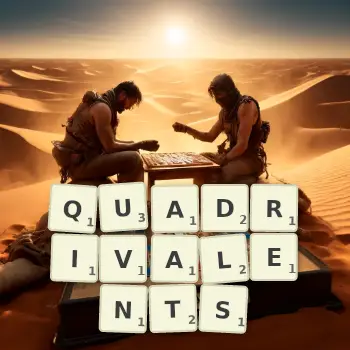 Illustration créative d'un jeu de lettres avec le mot QUADRIVALENTS épelé sur le plateau.