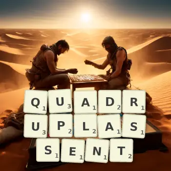 Illustration créative d'un jeu de lettres avec le mot QUADRUPLASSENT épelé sur le plateau.