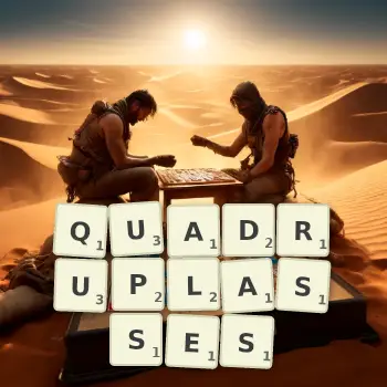 Illustration créative d'un jeu de lettres avec le mot QUADRUPLASSES épelé sur le plateau.