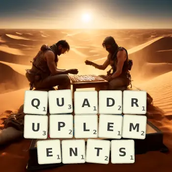 Illustration créative d'un jeu de lettres avec le mot QUADRUPLEMENTS épelé sur le plateau.