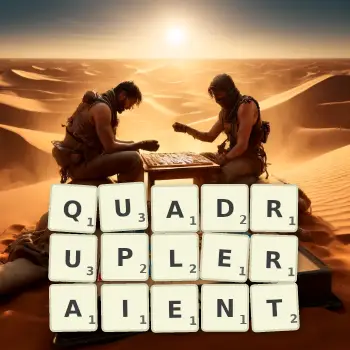 Illustration créative d'un jeu de lettres avec le mot QUADRUPLERAIENT épelé sur le plateau.