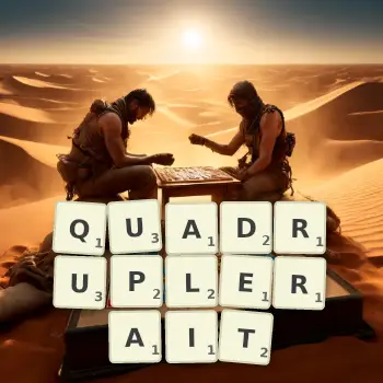 Illustration créative d'un jeu de lettres avec le mot QUADRUPLERAIT épelé sur le plateau.