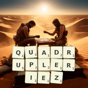 Illustration créative d'un jeu de lettres avec le mot QUADRUPLERIEZ épelé sur le plateau.