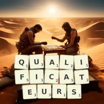 Illustration créative d'un jeu de lettres avec le mot QUALIFICATEURS épelé sur le plateau.