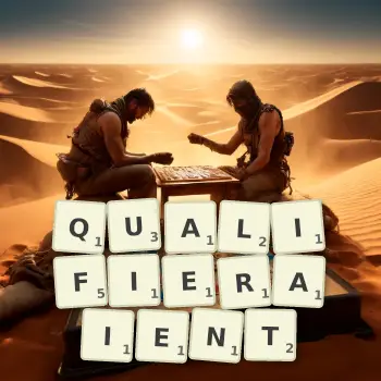 Illustration créative d'un jeu de lettres avec le mot QUALIFIERAIENT épelé sur le plateau.