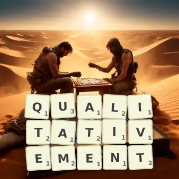 Illustration créative d'un jeu de lettres avec le mot QUALITATIVEMENT épelé sur le plateau.