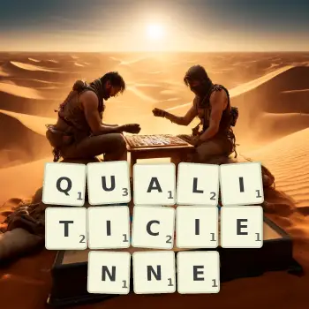 Illustration créative d'un jeu de lettres avec le mot QUALITICIENNE épelé sur le plateau.