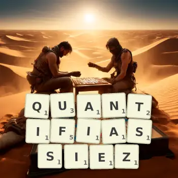 Illustration créative d'un jeu de lettres avec le mot QUANTIFIASSIEZ épelé sur le plateau.