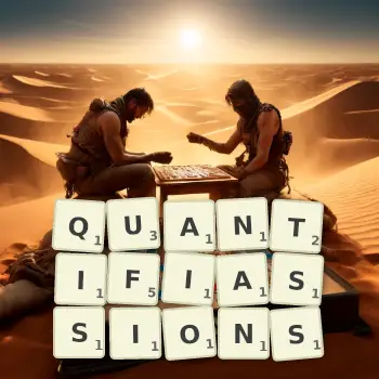 Illustration créative d'un jeu de lettres avec le mot QUANTIFIASSIONS épelé sur le plateau.
