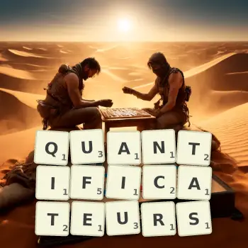 Illustration créative d'un jeu de lettres avec le mot QUANTIFICATEURS épelé sur le plateau.