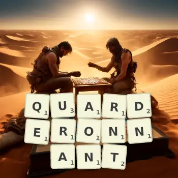 Illustration créative d'un jeu de lettres avec le mot QUARDERONNANT épelé sur le plateau.
