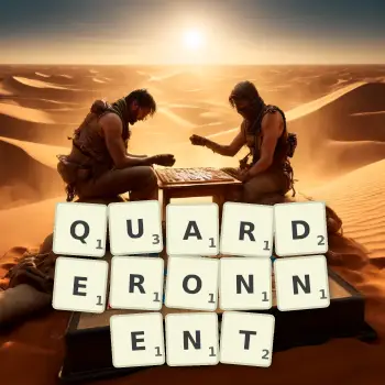 Illustration créative d'un jeu de lettres avec le mot QUARDERONNENT épelé sur le plateau.