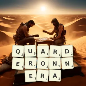 Illustration créative d'un jeu de lettres avec le mot QUARDERONNERA épelé sur le plateau.