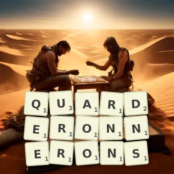 Illustration créative d'un jeu de lettres avec le mot QUARDERONNERONS épelé sur le plateau.