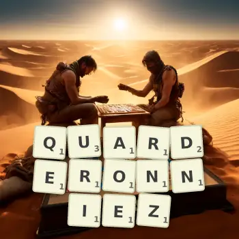 Illustration créative d'un jeu de lettres avec le mot QUARDERONNIEZ épelé sur le plateau.