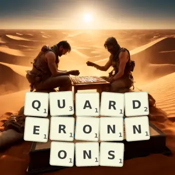 Illustration créative d'un jeu de lettres avec le mot QUARDERONNONS épelé sur le plateau.