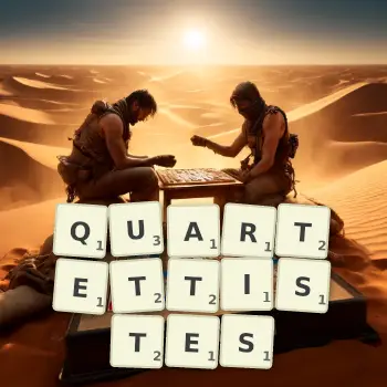 Illustration créative d'un jeu de lettres avec le mot QUARTETTISTES épelé sur le plateau.