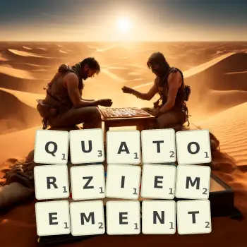 Illustration créative d'un jeu de lettres avec le mot QUATORZIEMEMENT épelé sur le plateau.