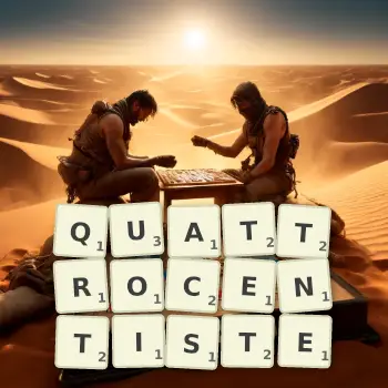 Illustration créative d'un jeu de lettres avec le mot QUATTROCENTISTE épelé sur le plateau.